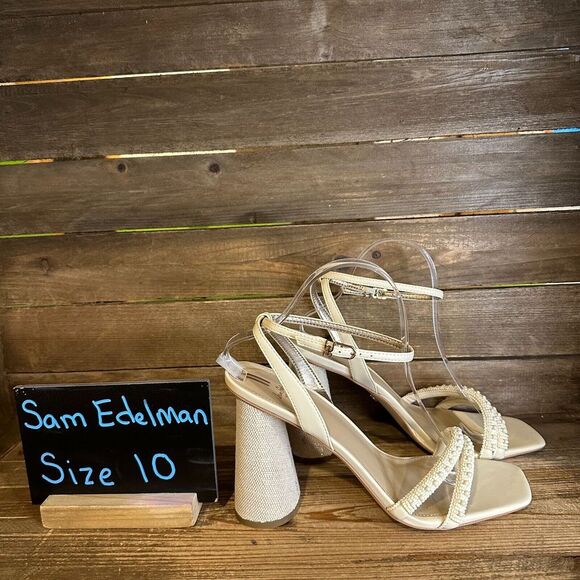 New NIB Womens Sam Edelman Kia Beaded Ivory Block Heels Sandals‎ Shoes Size 10 M - Picture 1 of 6